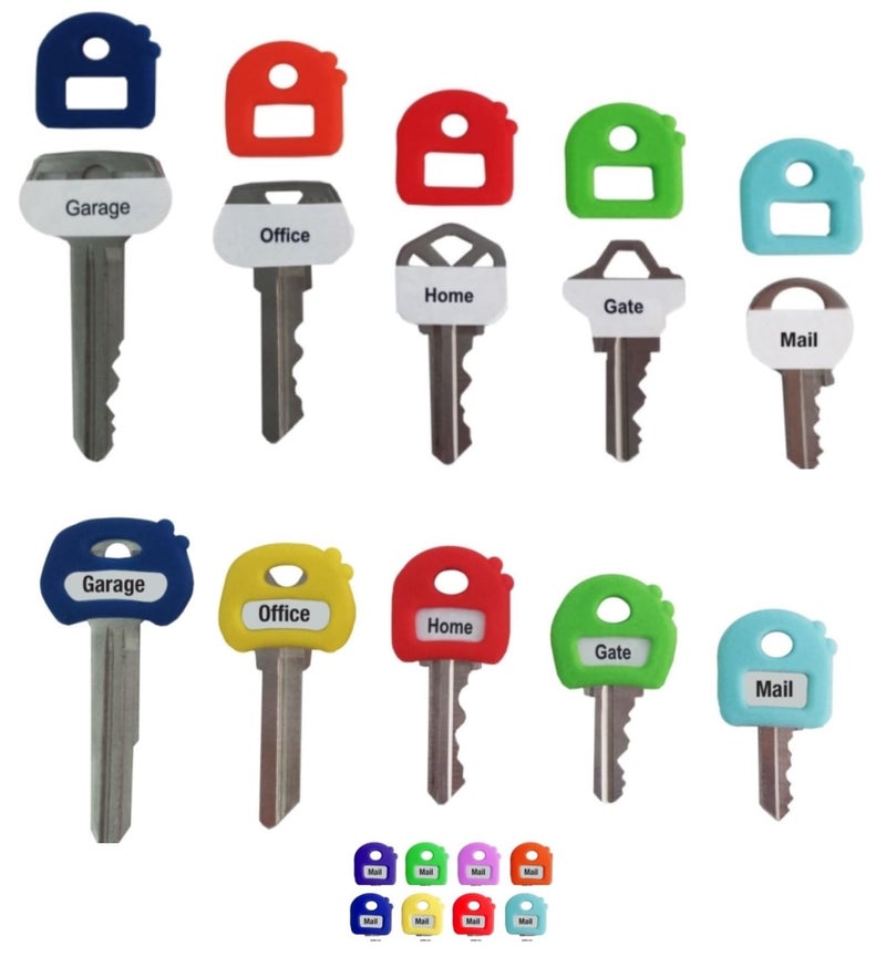 LABEL-LABEL-KEY-CAPS Label-Label Color-Coded Key Cap Covers + Free Key-Chain & Writable ID Tags â€“ Stretchy Rubbery Fit for Most Keys (8 Pack Multicolor) - Image 1